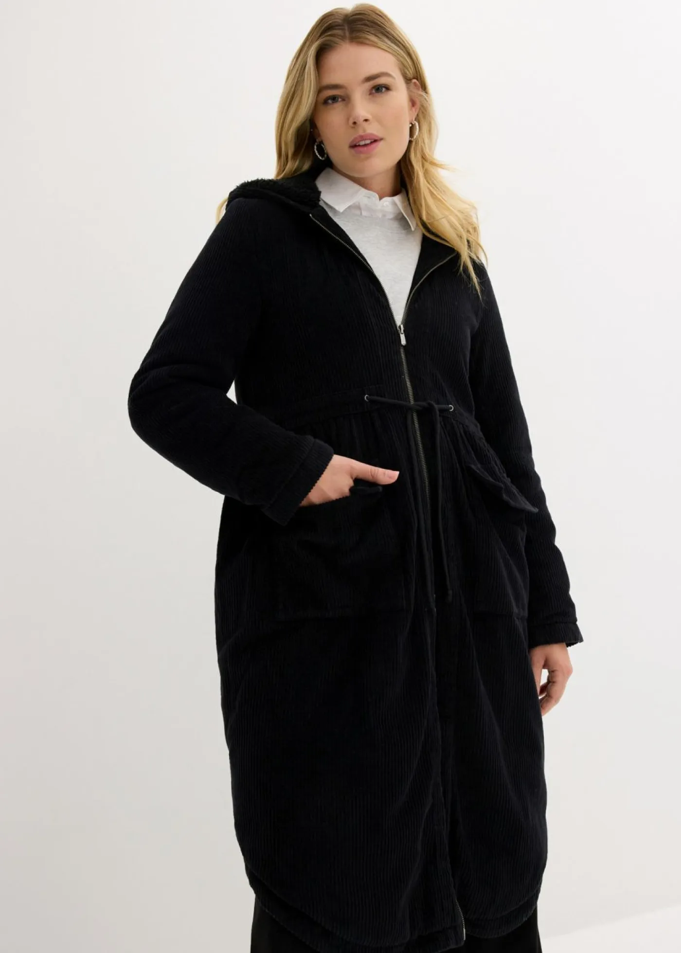 Best Abrigo de pana de algodón puro con capucha de pelo Mujer Chaquetas Y Abrigos