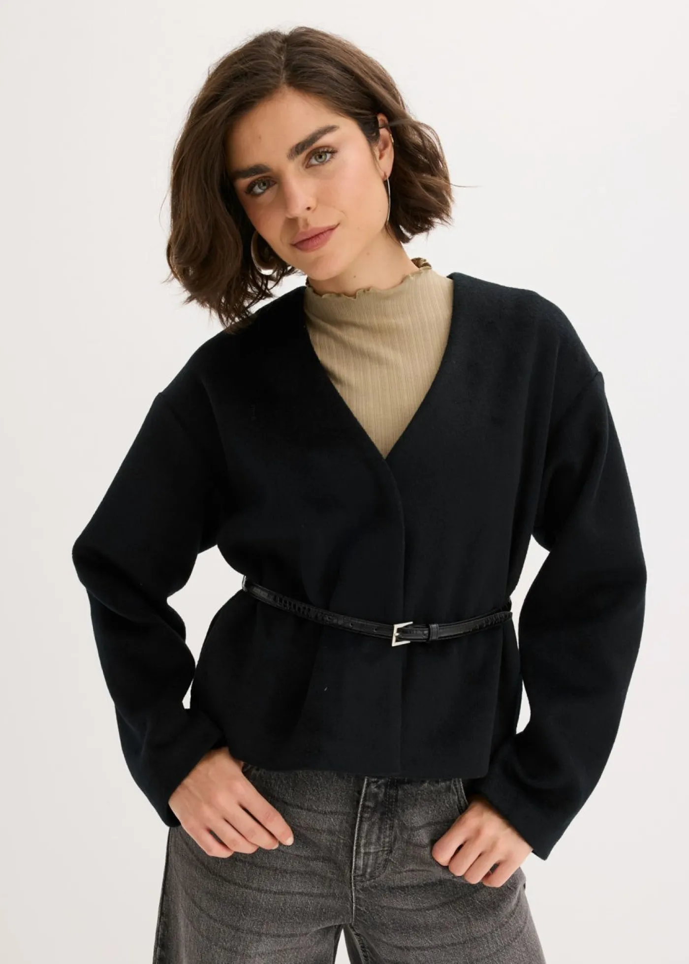 New Americana oversized con cinturón en efecto lana, sin forro Mujer Blazers