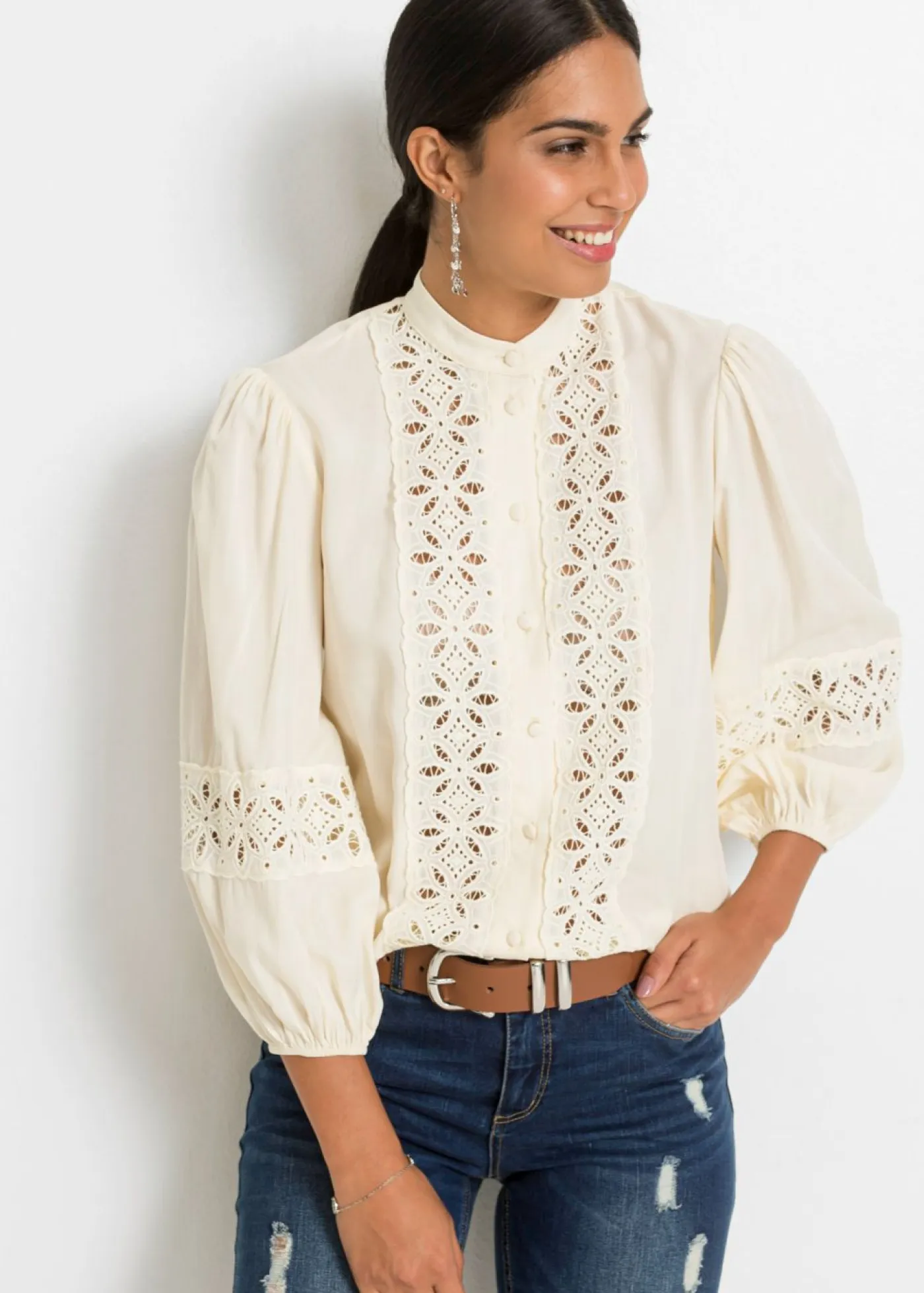 Outlet Blusa con encaje de mezcla suave de viscosa Mujer Camisas Y Blusas|Novedades
