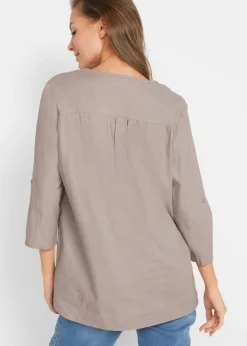 Blusa con lino y mangas 3/4 Mujer Camisas Y Blusas|Novedades