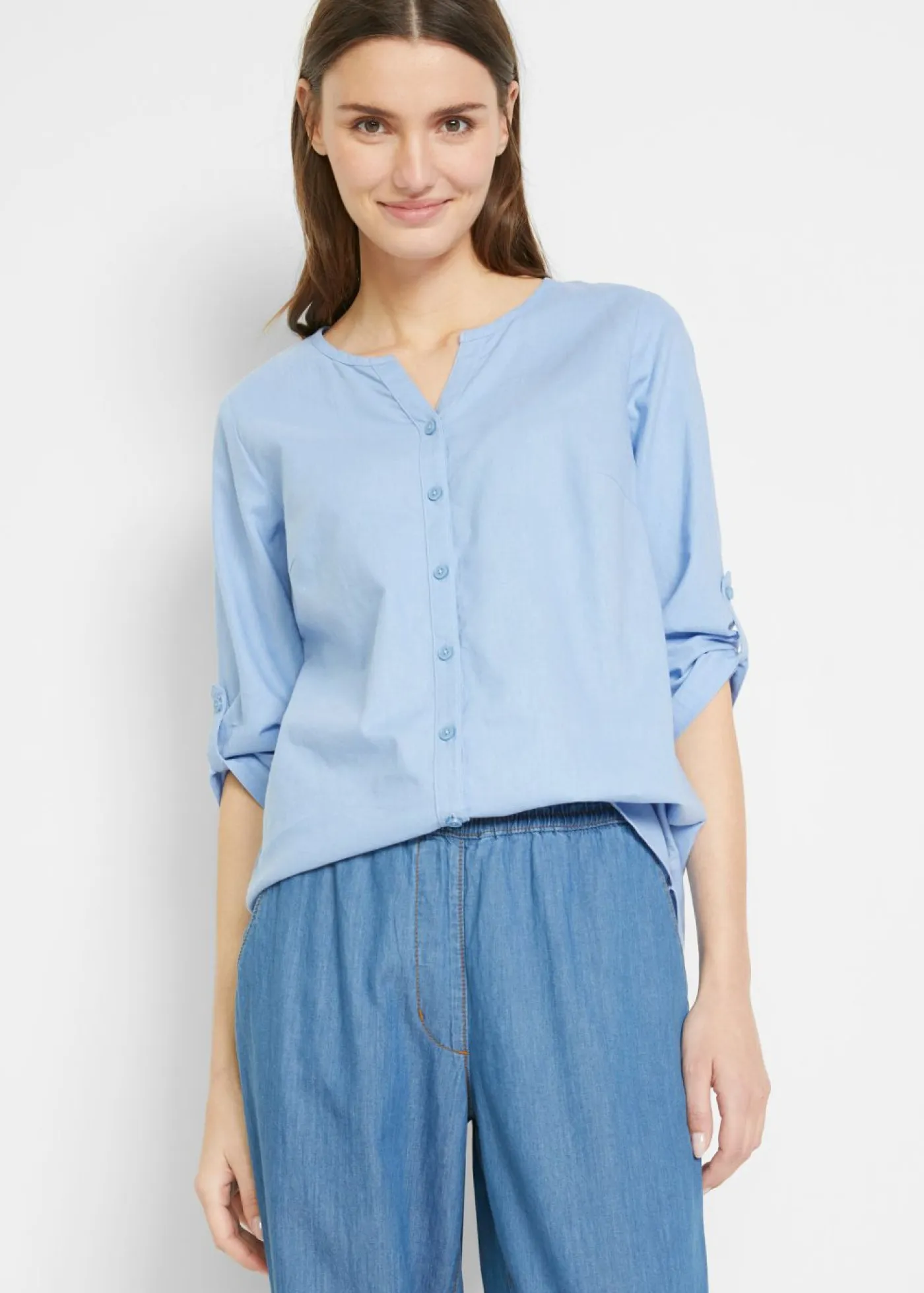 Discount Blusa con lino y mangas 3/4 Mujer Camisas Y Blusas|Novedades