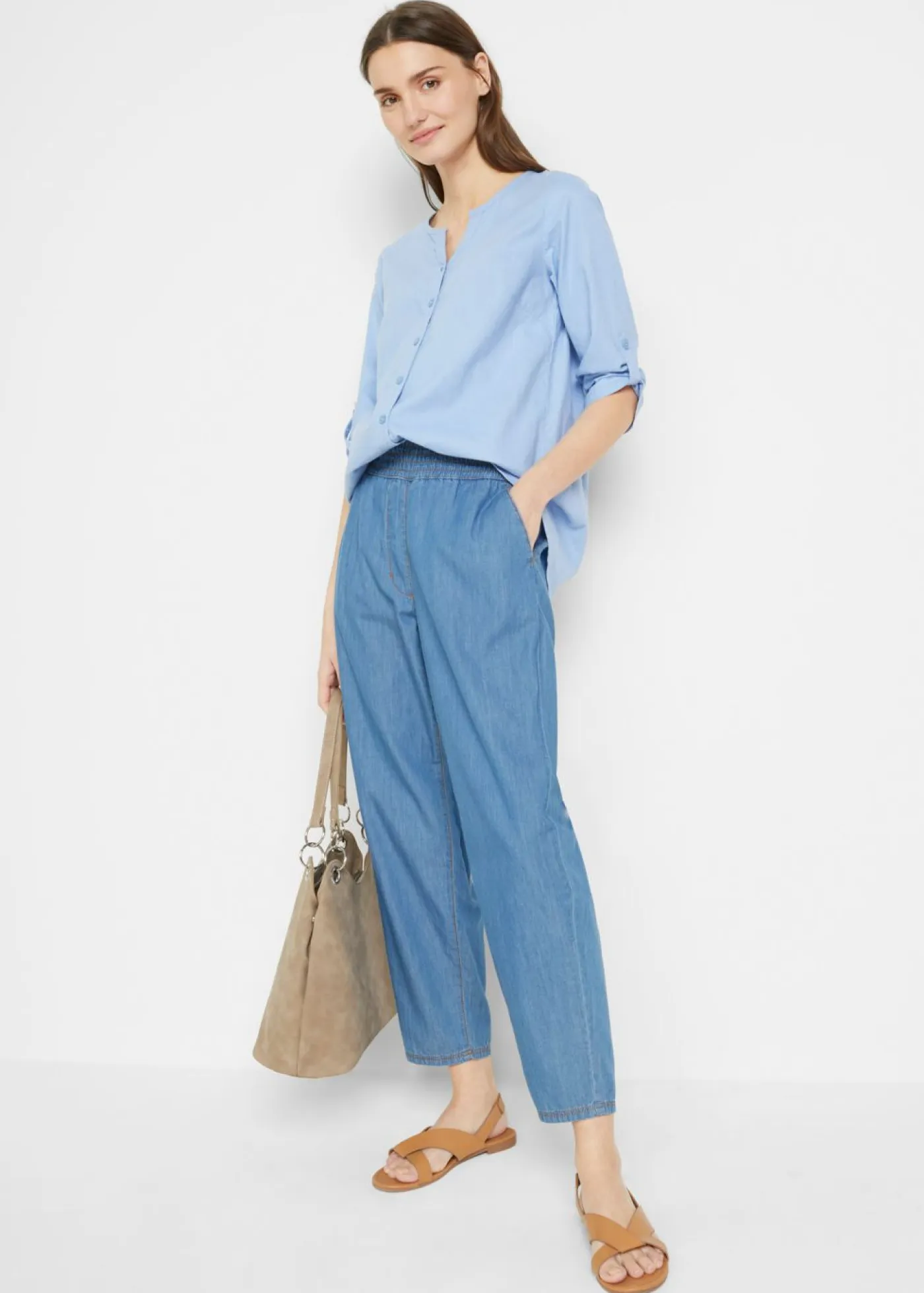 Discount Blusa con lino y mangas 3/4 Mujer Camisas Y Blusas|Novedades