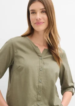 Clearance Blusa con lino y mangas 3/4 Mujer Camisas Y Blusas|Novedades