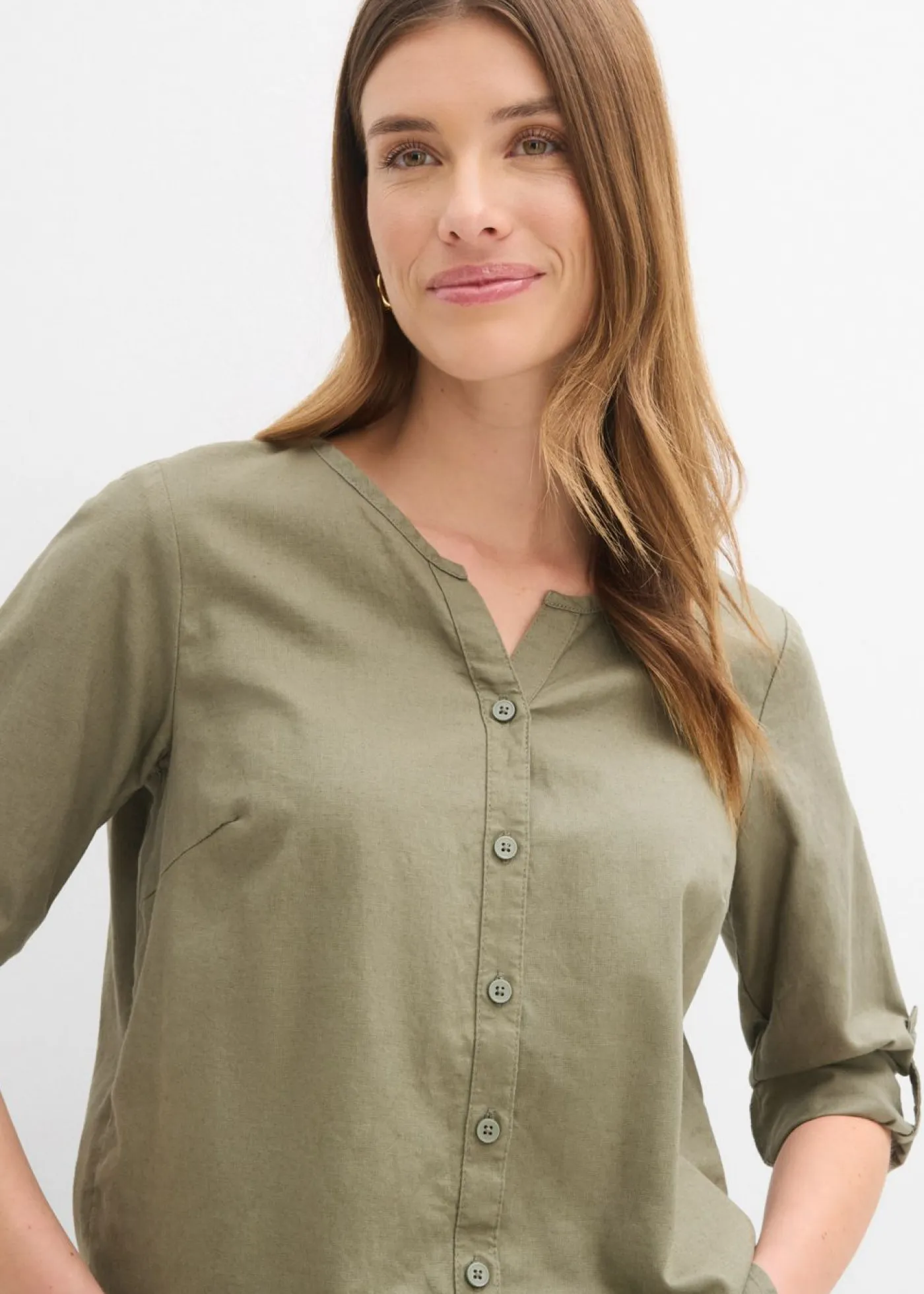 Clearance Blusa con lino y mangas 3/4 Mujer Camisas Y Blusas|Novedades
