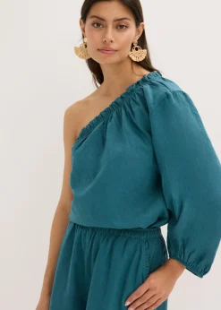 New Blusa con un hombro al descubierto y contenido de lino Mujer Camisas Y Blusas