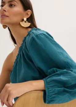 New Blusa con un hombro al descubierto y contenido de lino Mujer Camisas Y Blusas