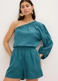 New Blusa con un hombro al descubierto y contenido de lino Mujer Camisas Y Blusas