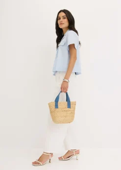 Blusa corta de popelín de algodón con manga corta Mujer Camisas Y Blusas