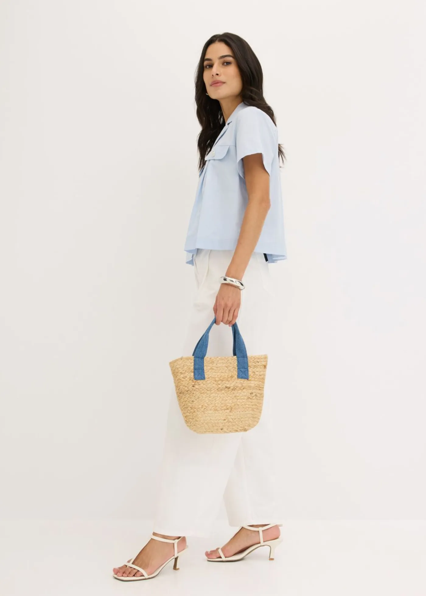 Blusa corta de popelín de algodón con manga corta Mujer Camisas Y Blusas