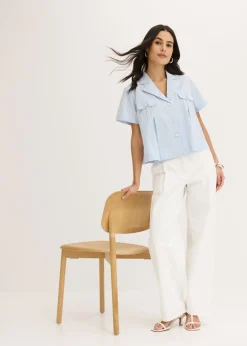 Blusa corta de popelín de algodón con manga corta Mujer Camisas Y Blusas