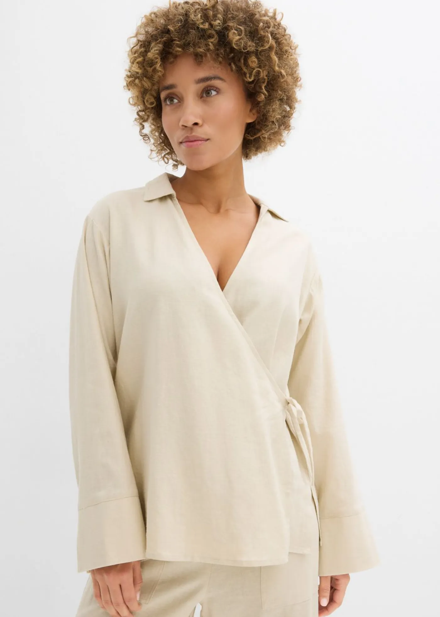 Hot Blusa cruzada de mezcla de lino Mujer Conjuntos De Ropa|Camisas Y Blusas