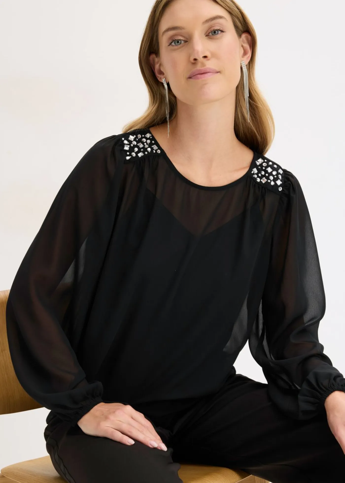 Online Blusa de gasa con adornos de piedras brillantes Mujer Camisas Y Blusas|Ropa Elegante