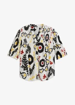 Blusa de manga corta de viscosa fluida con detalle de nido de abeja Mujer Camisas Y Blusas