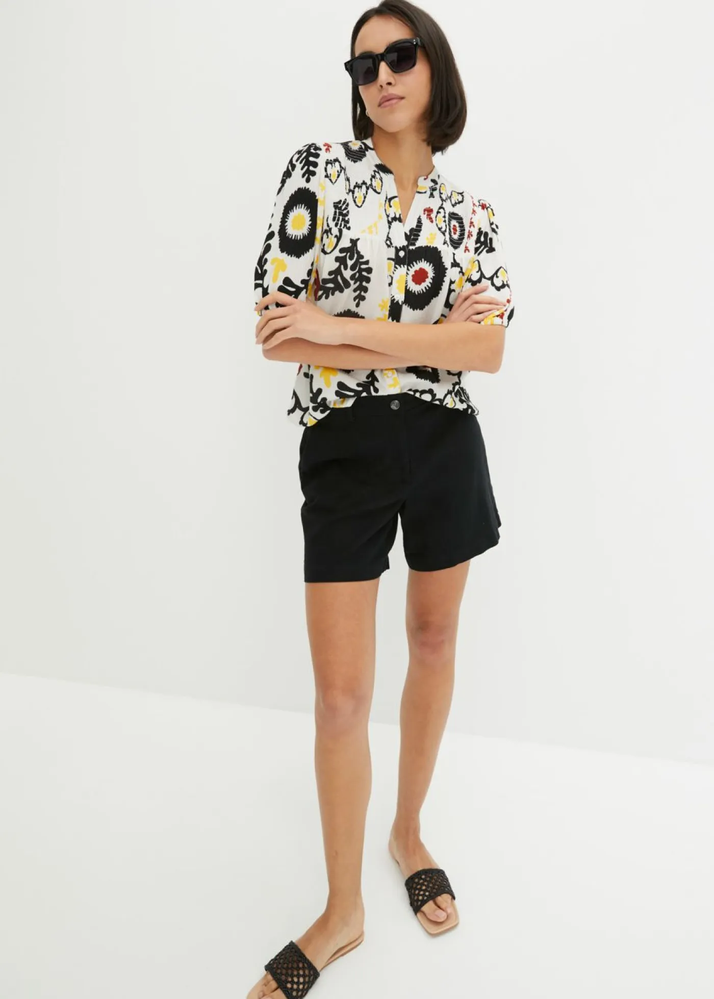 Blusa de manga corta de viscosa fluida con detalle de nido de abeja Mujer Camisas Y Blusas