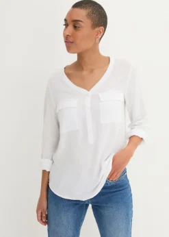 Sale Blusa de manga larga con escote en V de viscosa fluida Mujer Camisas Y Blusas