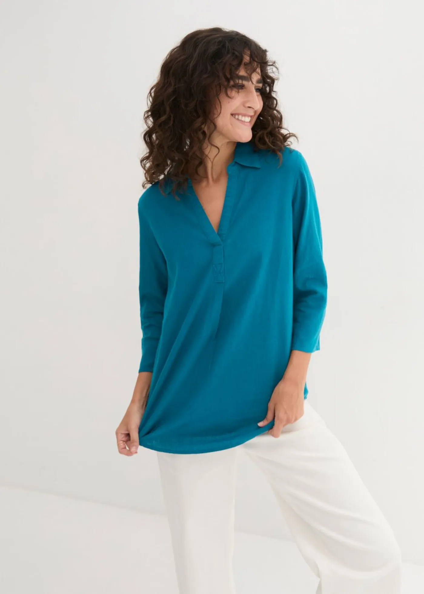 Outlet Blusa de mangas 3/4 con lino Mujer Camisas Y Blusas|Novedades