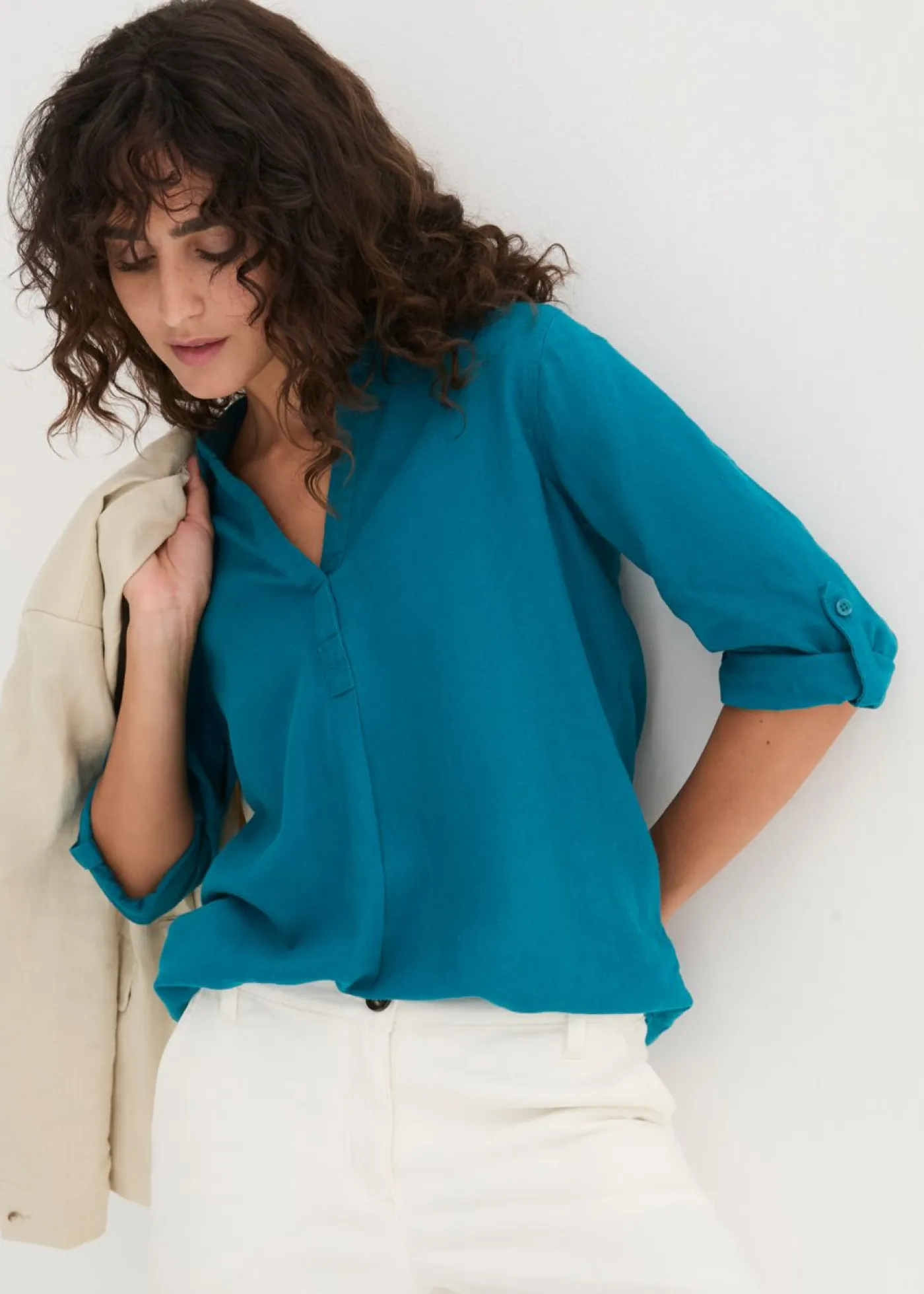 Outlet Blusa de mangas 3/4 con lino Mujer Camisas Y Blusas|Novedades