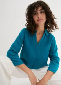 Outlet Blusa de mangas 3/4 con lino Mujer Camisas Y Blusas|Novedades