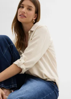 Blusa de mangas 3/4 con lino Mujer Camisas Y Blusas|Novedades
