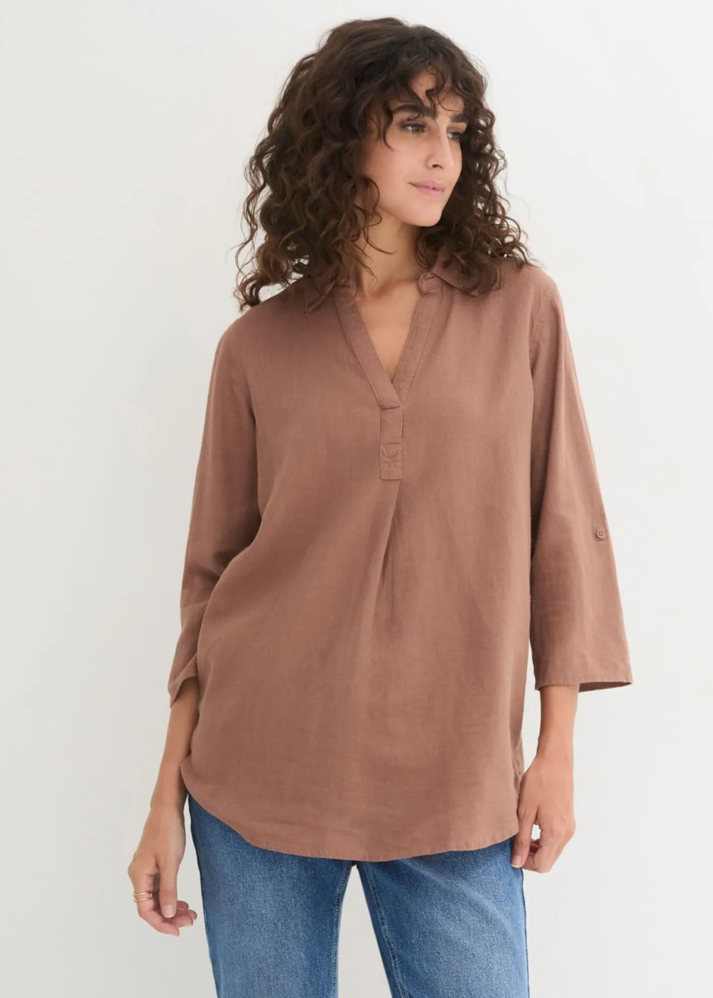 Online Blusa de mangas 3/4 con lino Mujer Camisas Y Blusas|Novedades