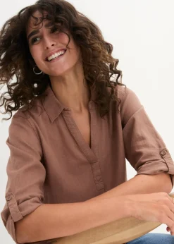 Online Blusa de mangas 3/4 con lino Mujer Camisas Y Blusas|Novedades
