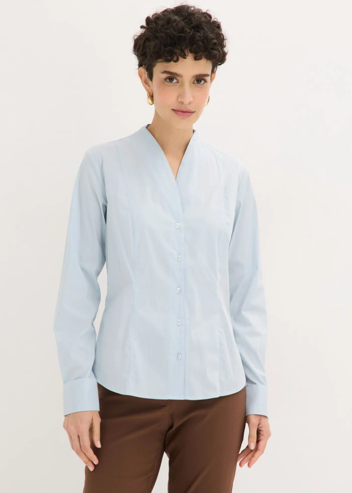 Blusa elástica de popelín con cuello chimenea y ligera transparencia Mujer Camisas Y Blusas