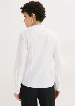 Sale Blusa elástica de popelín con cuello chimenea y ligera transparencia Mujer Camisas Y Blusas
