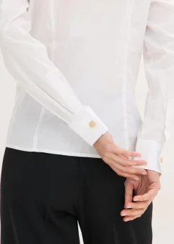 Sale Blusa elástica de popelín con cuello chimenea y ligera transparencia Mujer Camisas Y Blusas