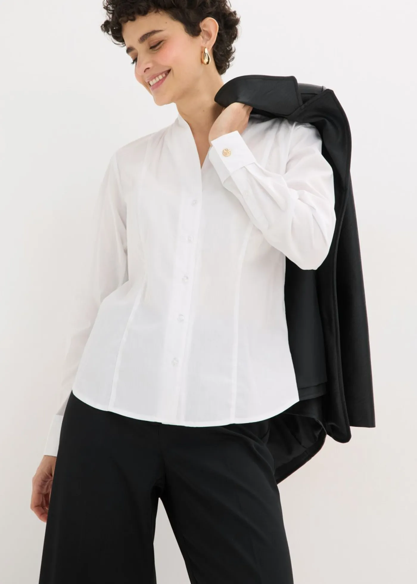 Sale Blusa elástica de popelín con cuello chimenea y ligera transparencia Mujer Camisas Y Blusas