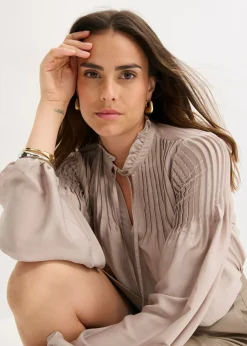New Blusa tipo túnica de satén brillante con ribetes Mujer Camisas Y Blusas