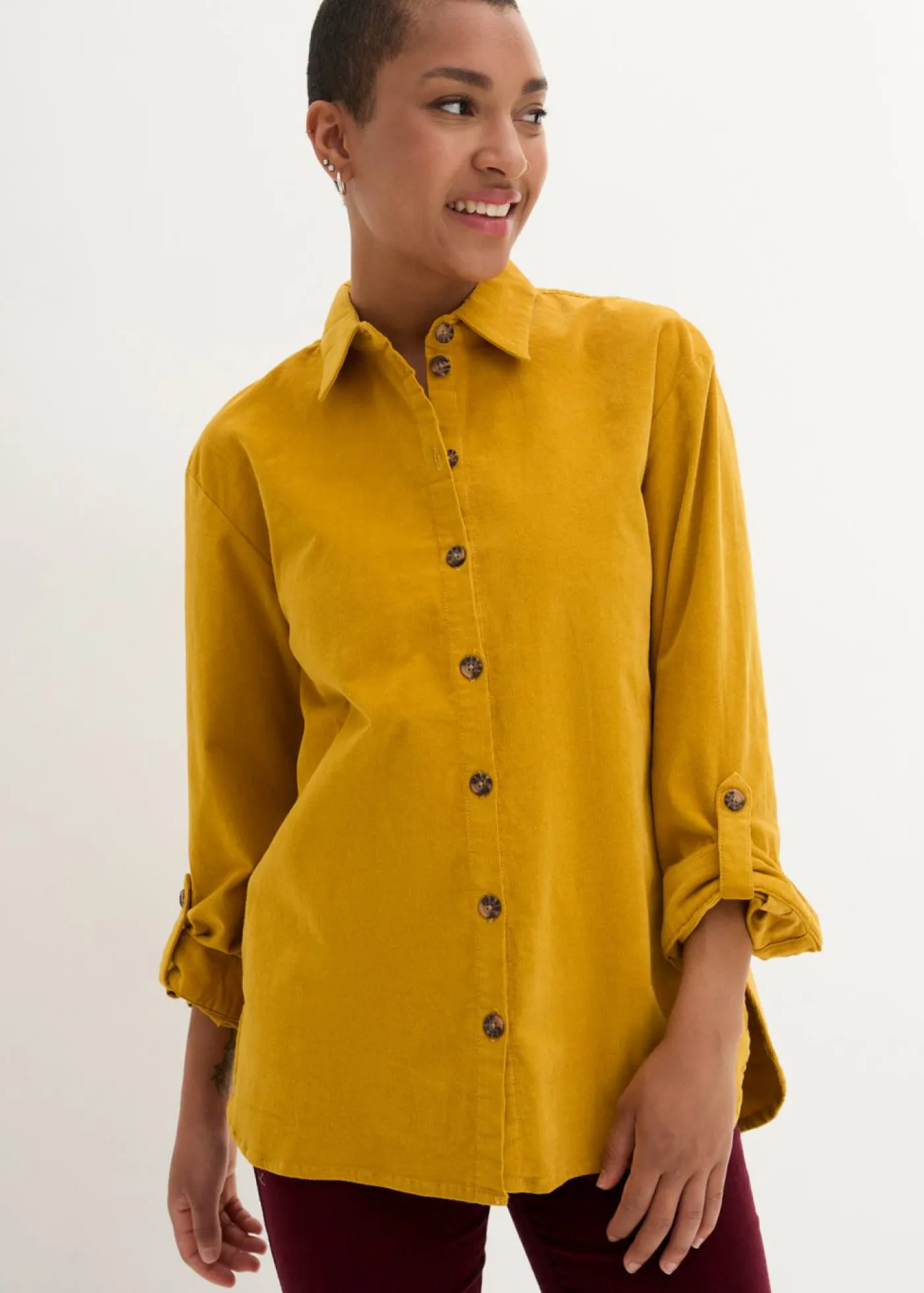 Hot Camisa de pana con abertura lateral Mujer Camisas Y Blusas
