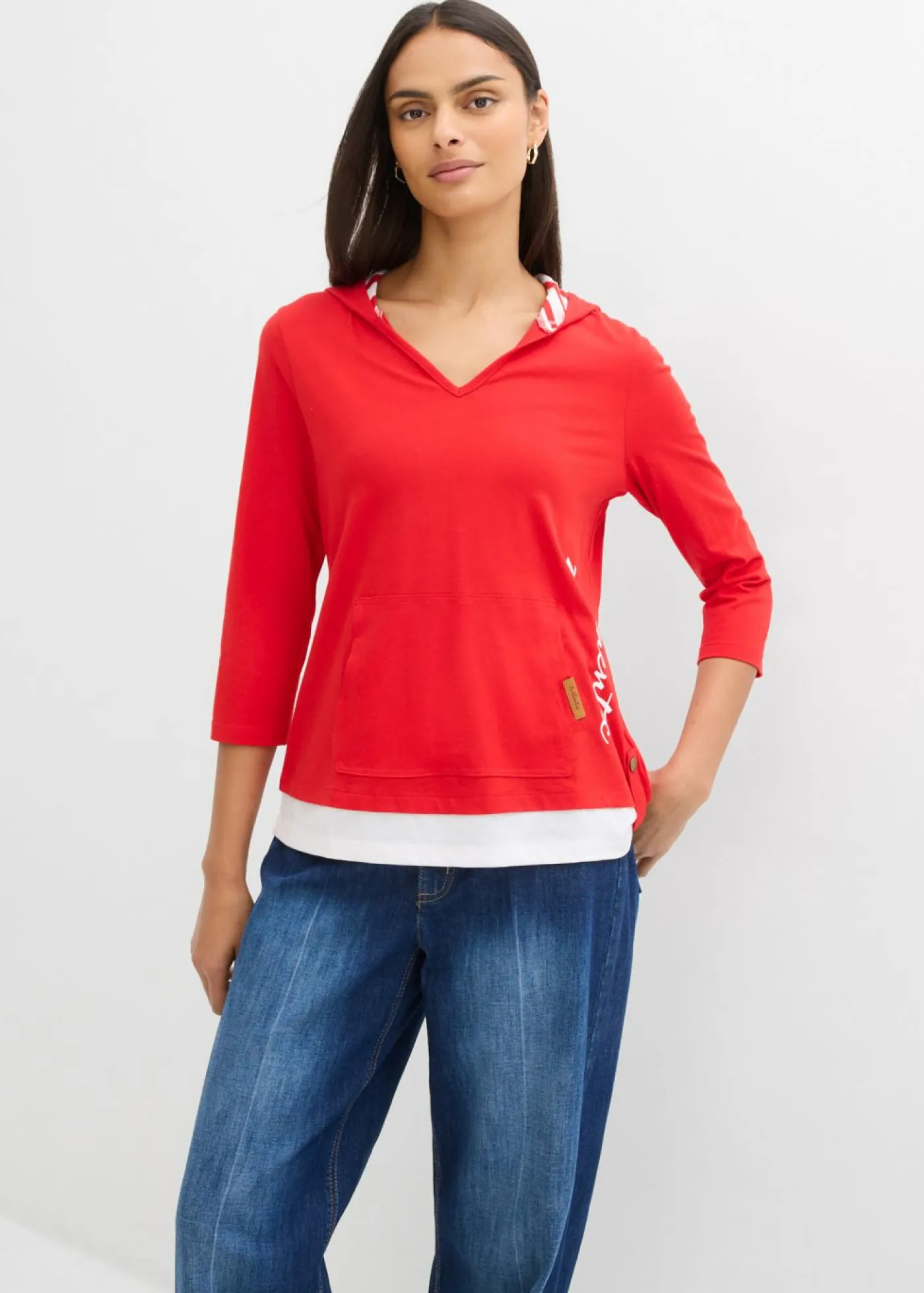 Hot Camiseta con capucha de algodón puro con mangas 3/4 Mujer Camisetas|Novedades