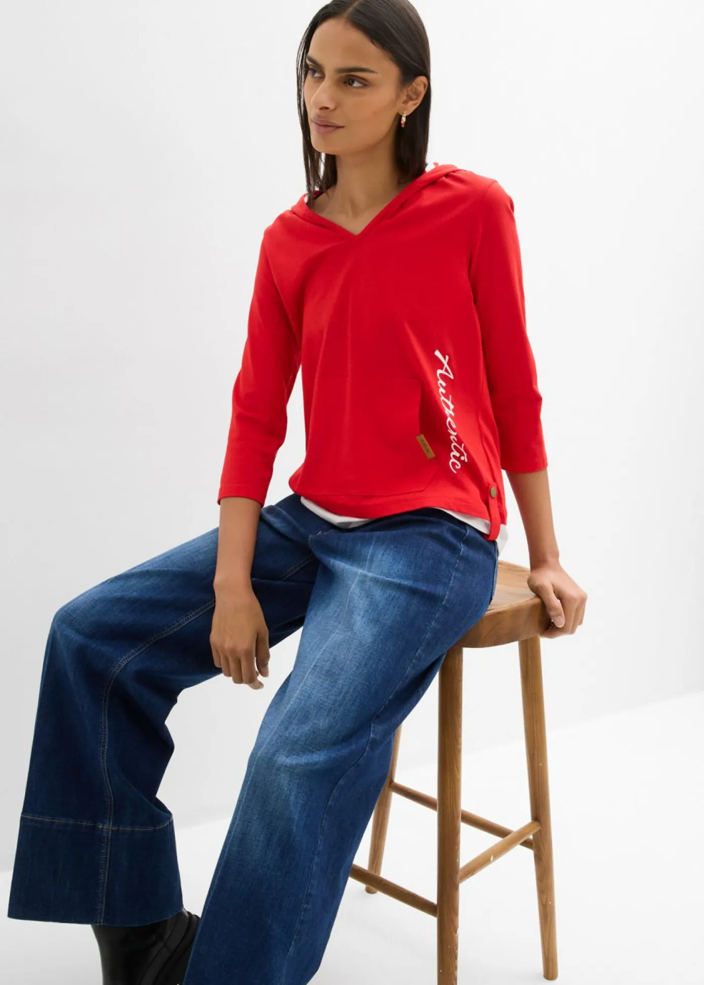 Hot Camiseta con capucha de algodón puro con mangas 3/4 Mujer Camisetas|Novedades