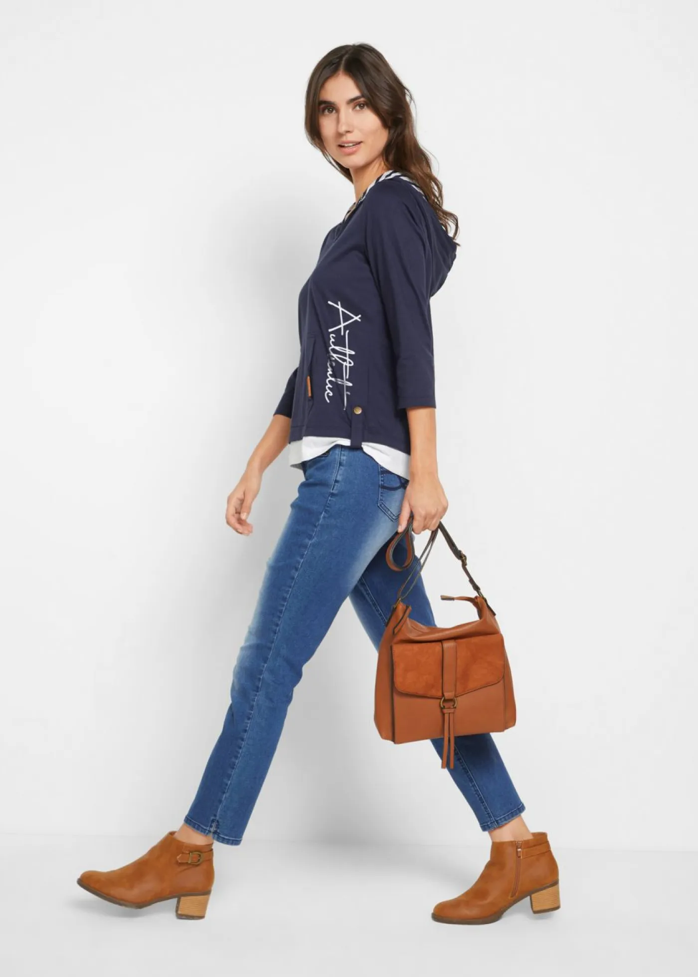 Hot Camiseta con capucha de algodón puro con mangas 3/4 Mujer Camisetas|Novedades