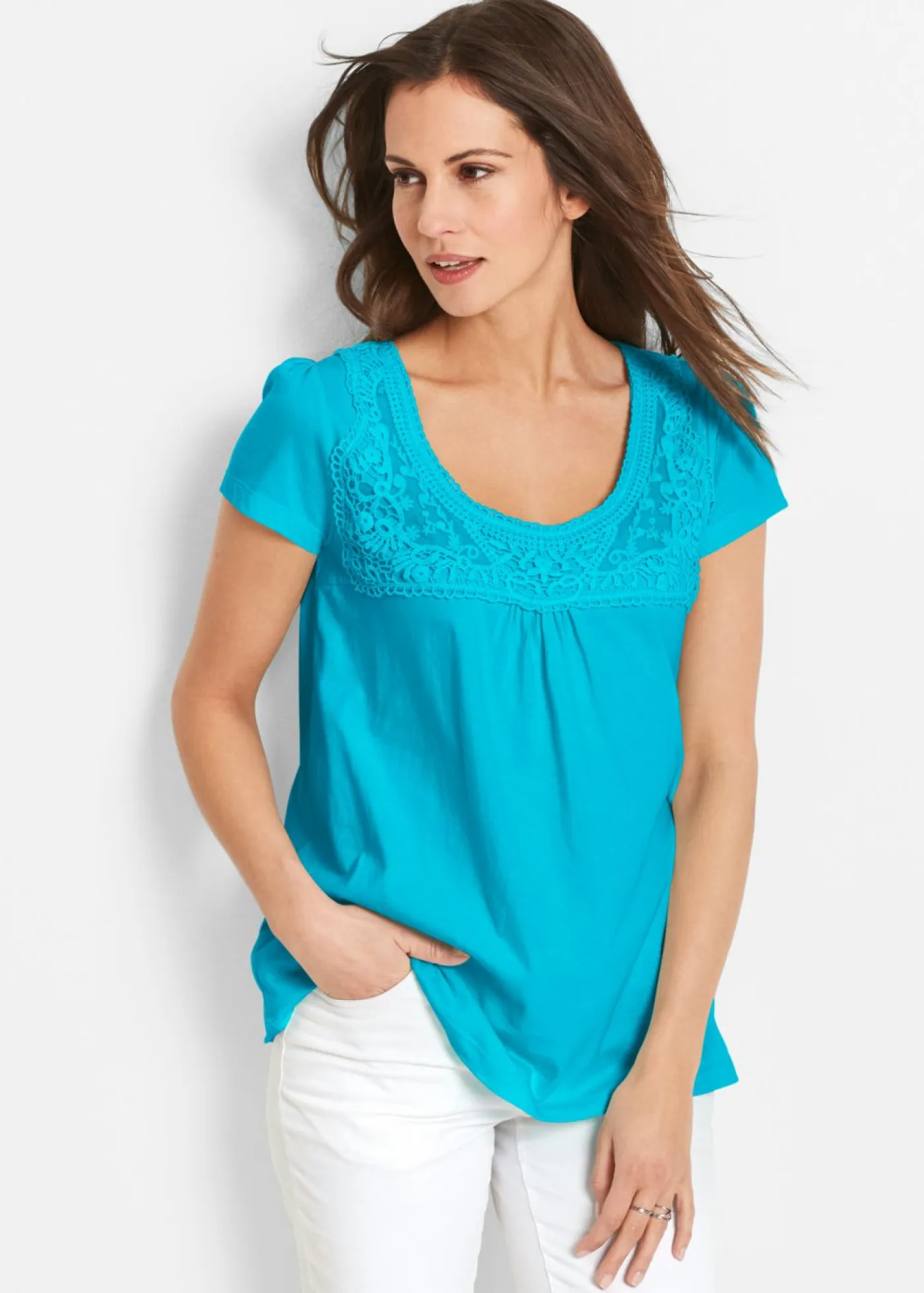 Sale Camiseta de algodón con encaje y manga corta Mujer Camisetas