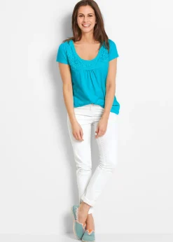 Sale Camiseta de algodón con encaje y manga corta Mujer Camisetas