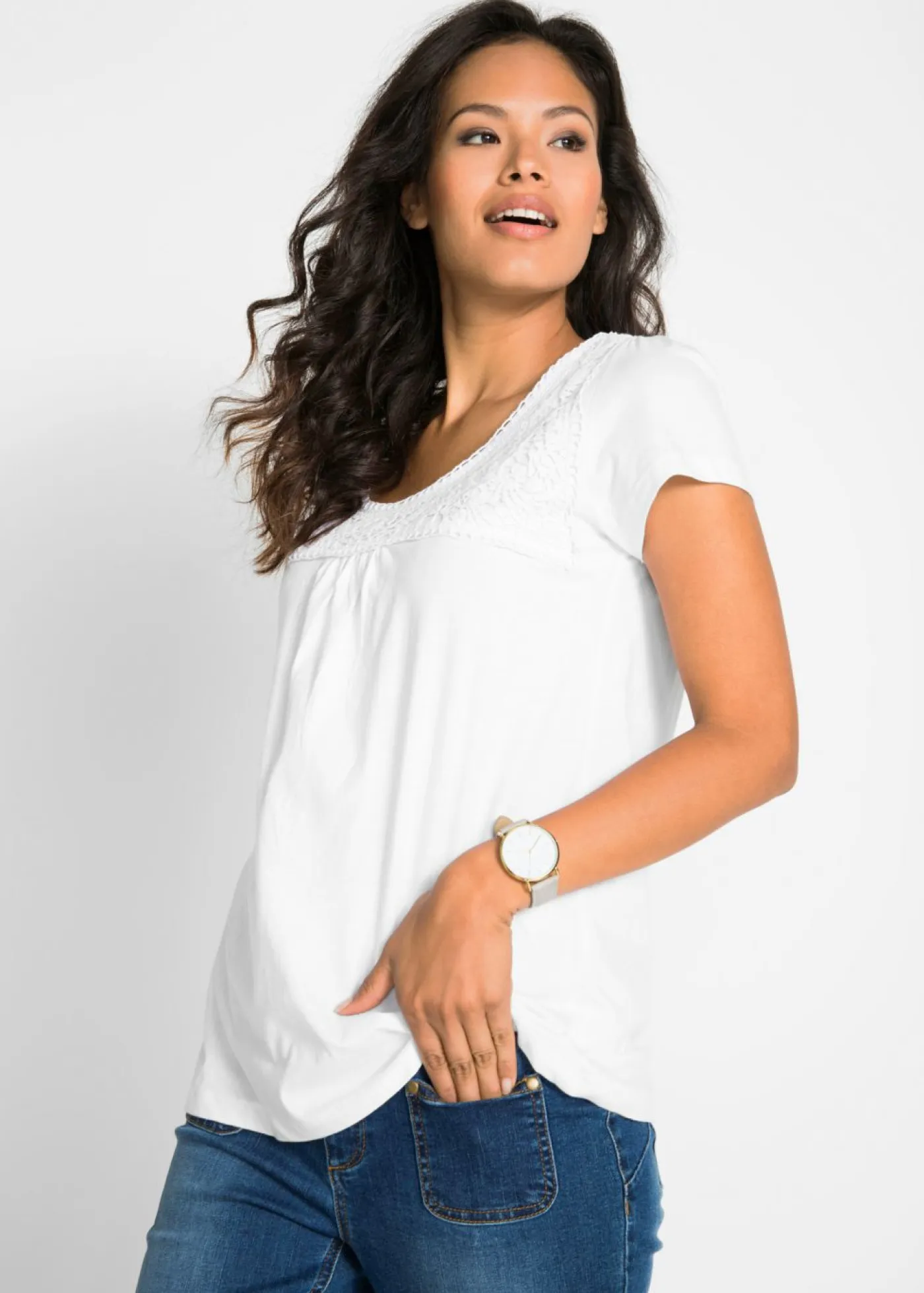 Clearance Camiseta de algodón con encaje y manga corta Mujer Camisetas