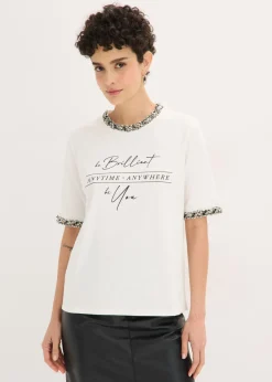 Hot Camiseta de algodón orgánico con cinta decorativa Mujer Camisetas