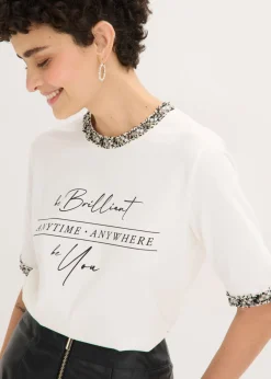 Hot Camiseta de algodón orgánico con cinta decorativa Mujer Camisetas