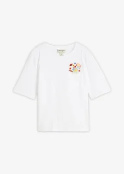 New Camiseta de algodón orgánico puro con bordado Mujer Camisetas