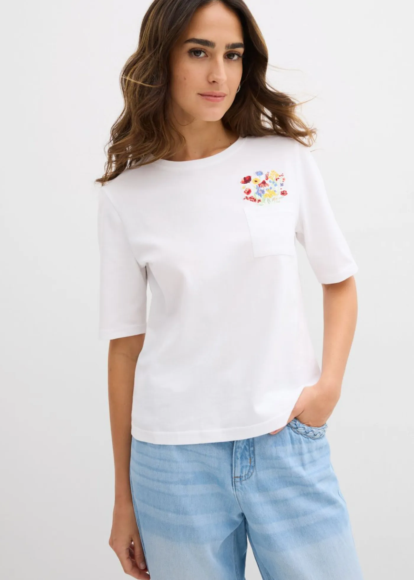 New Camiseta de algodón orgánico puro con bordado Mujer Camisetas