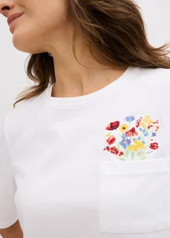 New Camiseta de algodón orgánico puro con bordado Mujer Camisetas