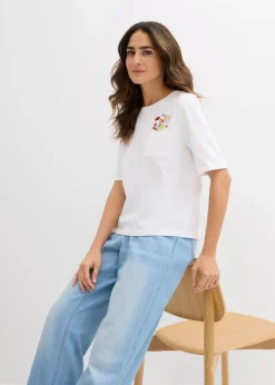 New Camiseta de algodón orgánico puro con bordado Mujer Camisetas