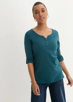 New Camiseta de algodón orgánico puro con botones Mujer Camisetas
