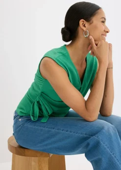 Hot Camiseta de crepé de punto con aspecto cruzado Mujer Camisetas