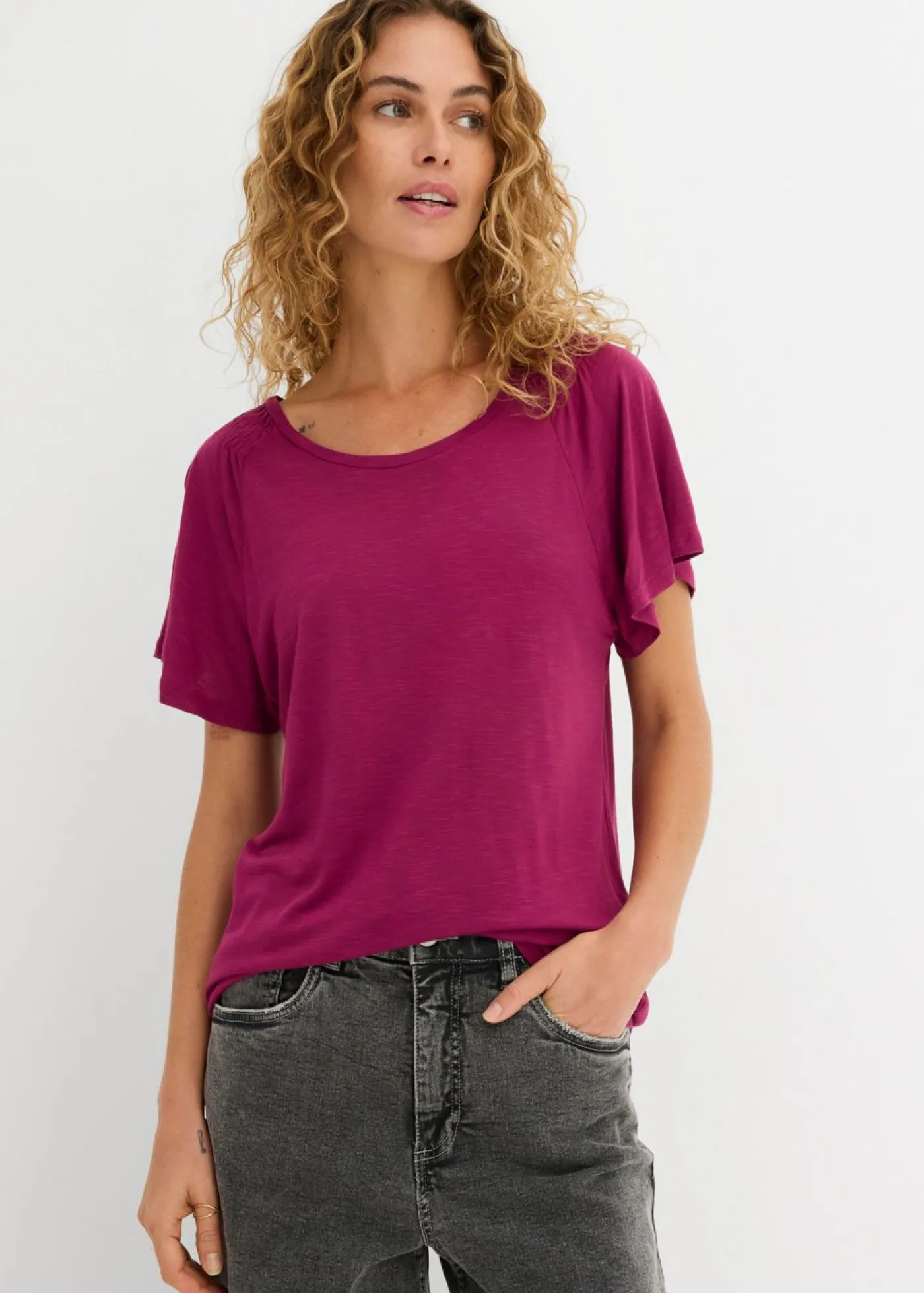 Best Camiseta de hilo flameado con mangas de murciélago Mujer Camisetas