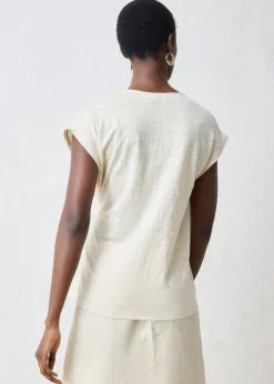 Discount Camiseta de lino puro con ribete tejido Mujer Premium|Camisetas