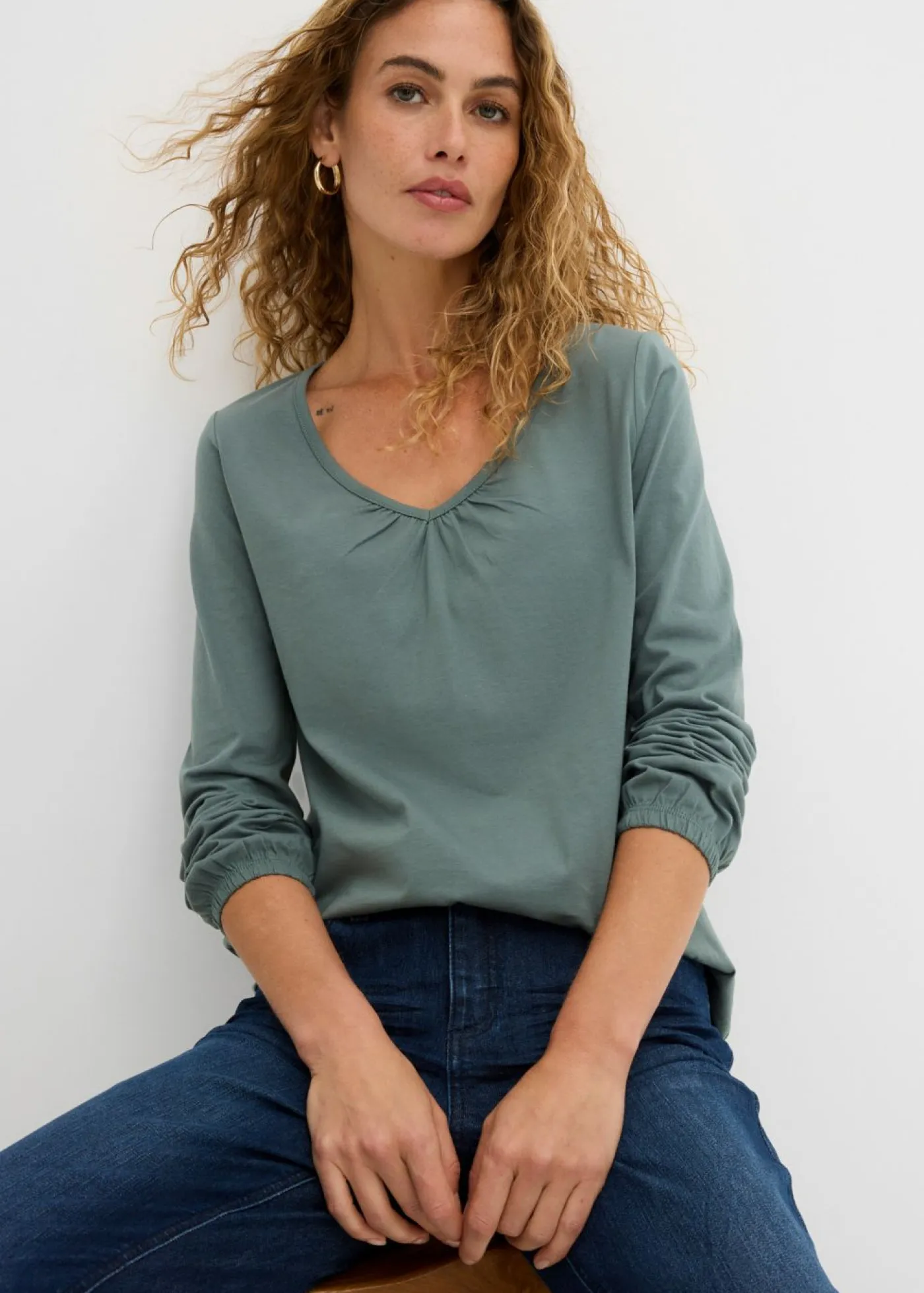 Camiseta de manga larga con elástico de algodón puro Mujer Camisetas