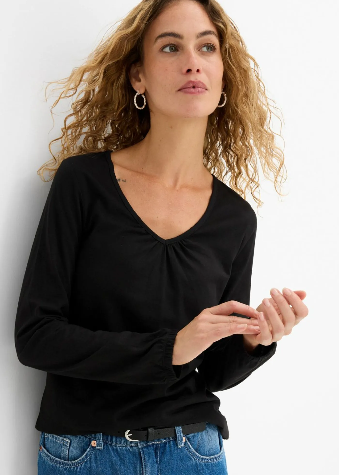 Camiseta de manga larga con elástico de algodón puro Mujer Camisetas