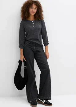Outlet Camiseta de mezcla de algodón con manga larga y botones Mujer Camisetas